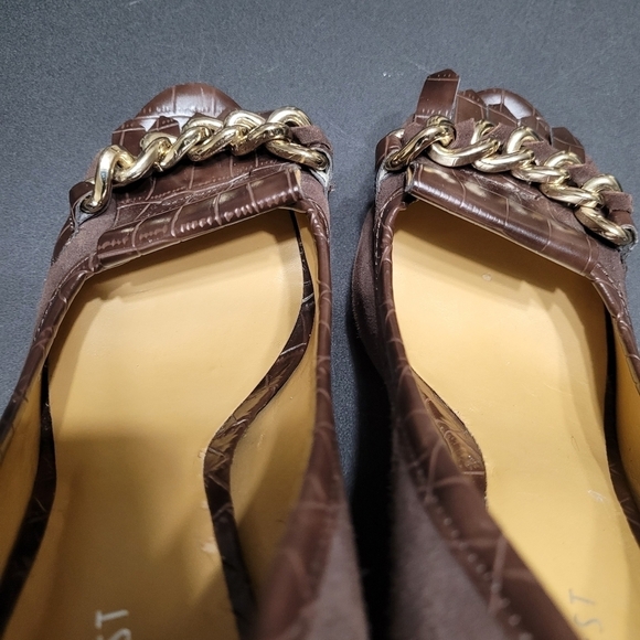Nine West Brown Suede Leather Peep Toe Chunky Chain Chain Fringe Detail Pumps 7 - Picture 6 of 12